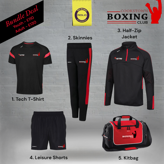 Cookstown Boxing Club – 5-item Bundle (T-Shirt, Skinnies, Half-Zip, Shorts, Kitbag)